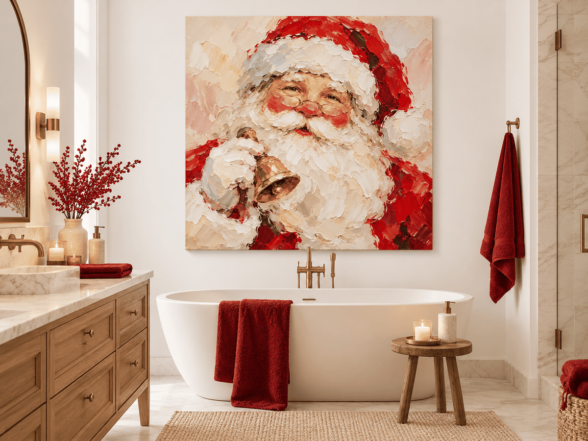 Smiling Santa With Golden Bell Hand-Painted Canvas Art In Red And White