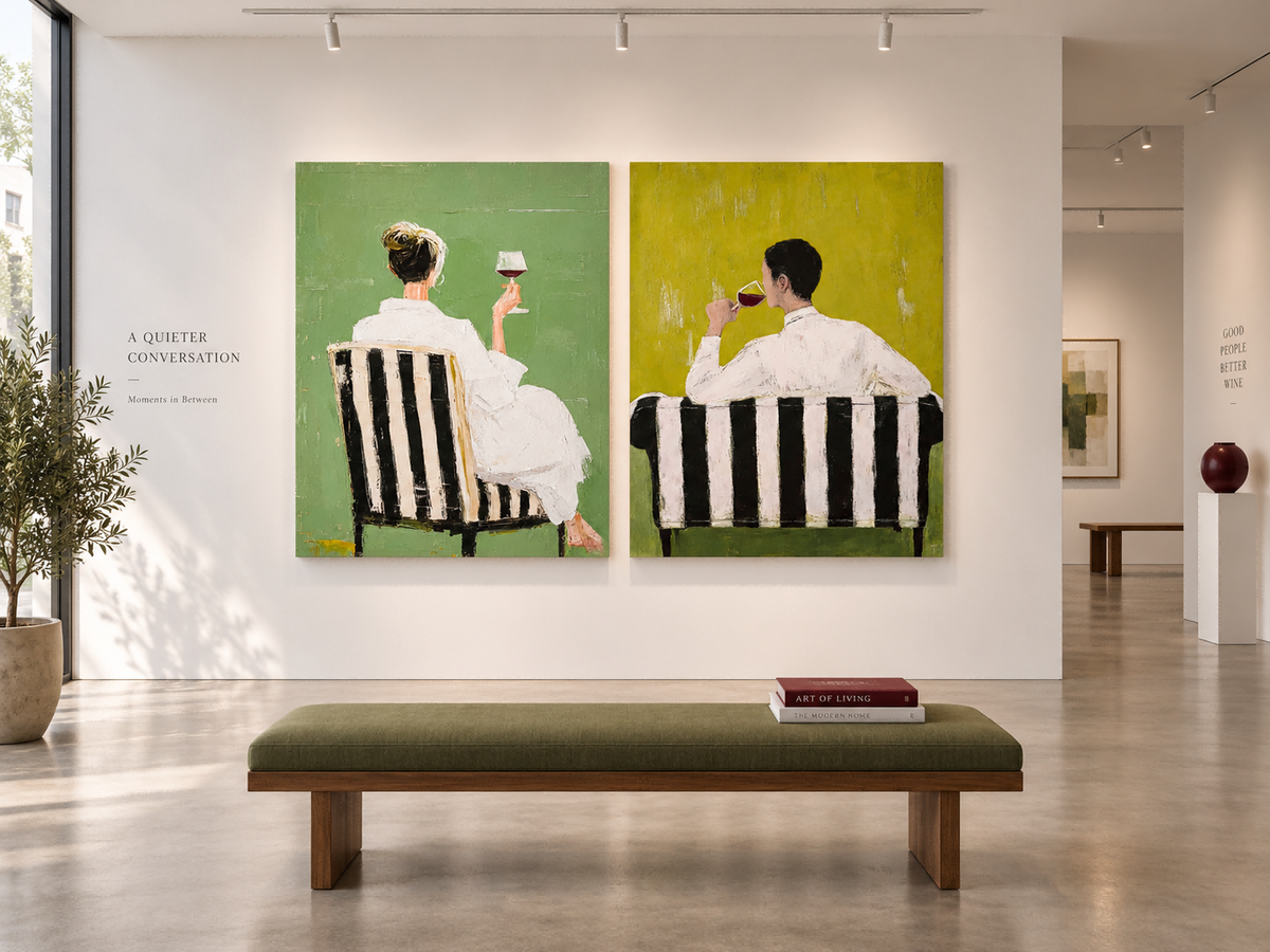 Modern Living Room Wall Art Diptych Of Wine Lovers In Green Tones