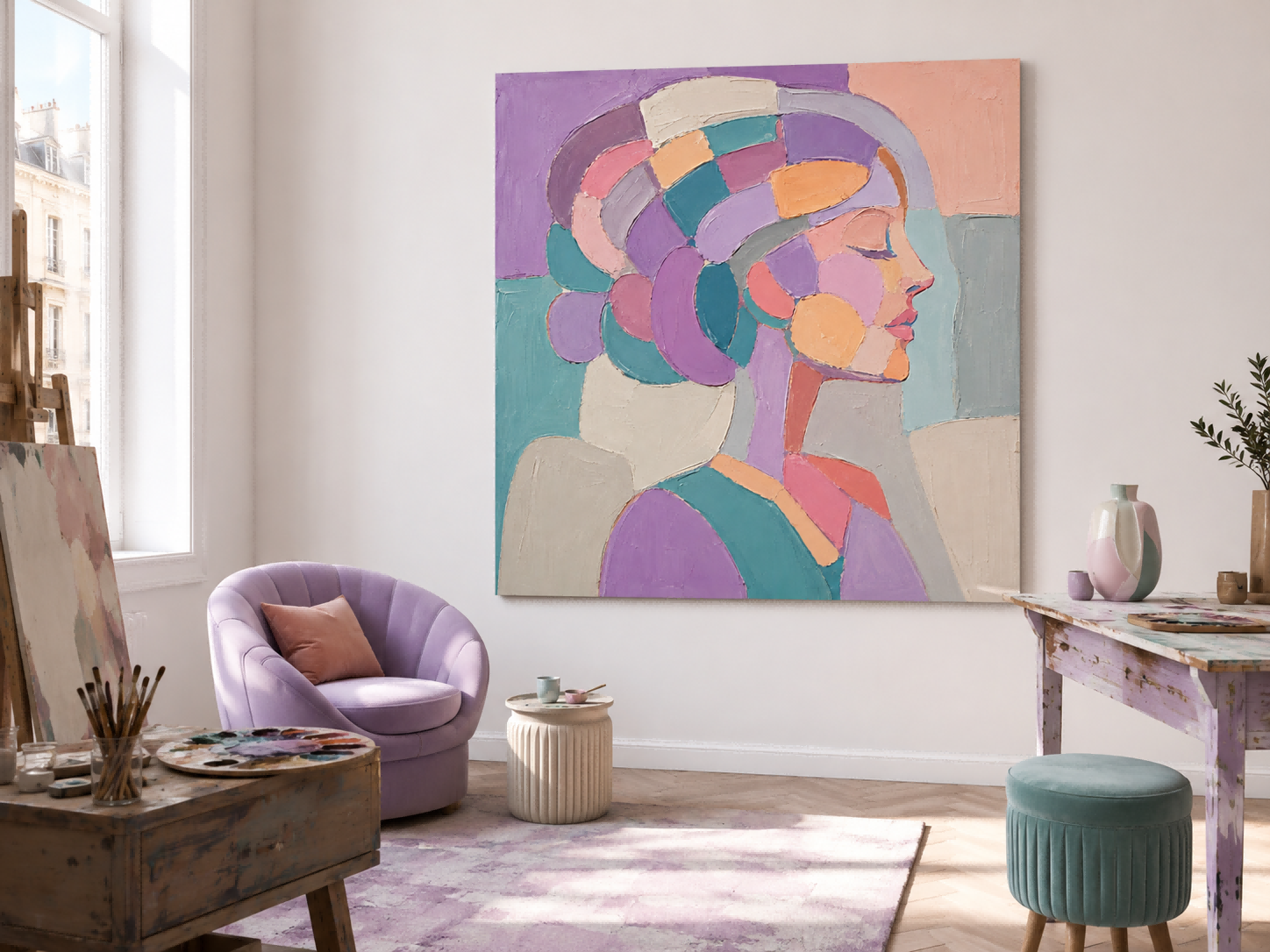 Minimalist Female Profile Art In Pastel Colors Square Canvas Print For Bedroom