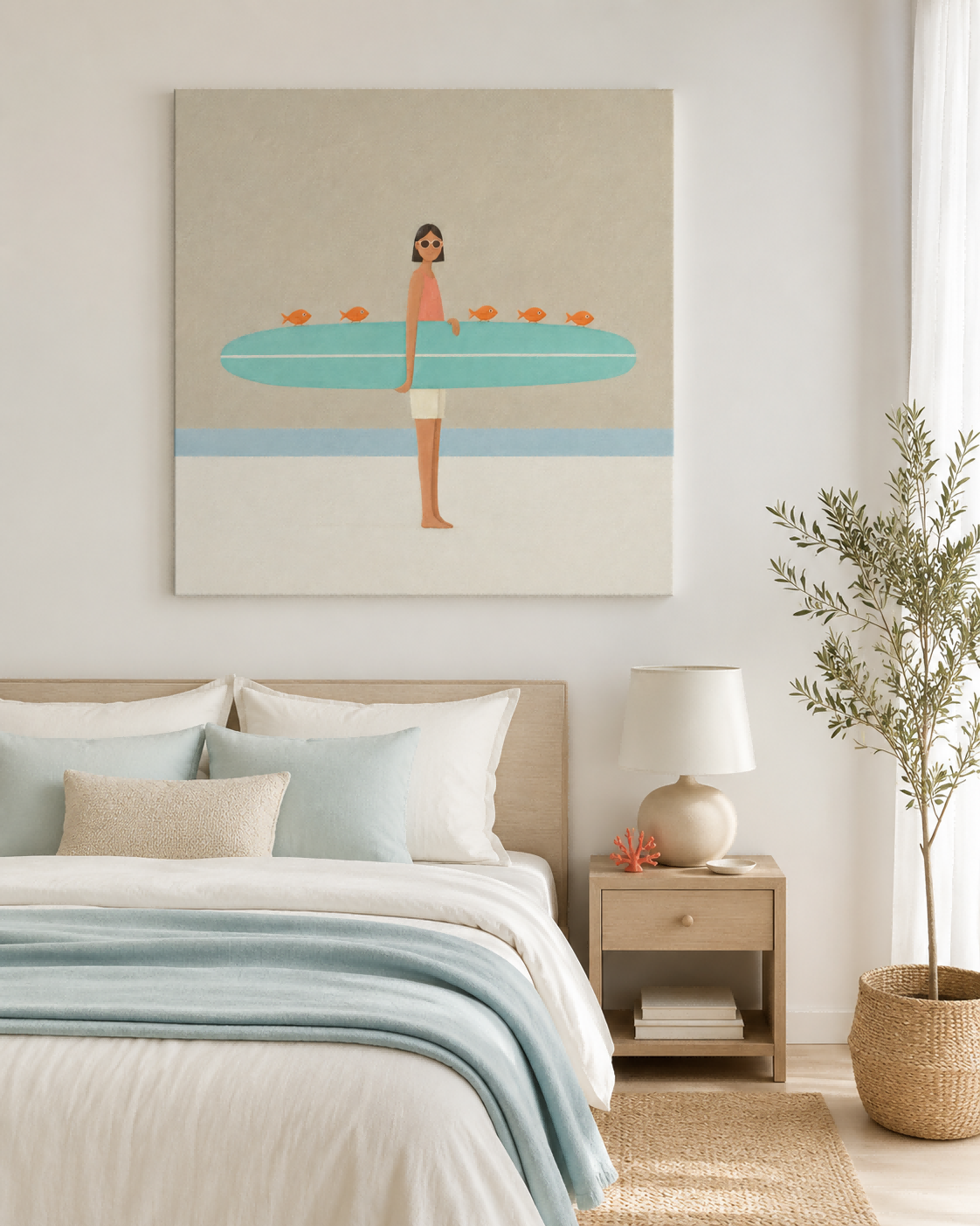 Girl With Surfboard And Fish Modern Abstract Canvas Painting Abstract Minimalist Art With Orange Accents Hand Painted Oil