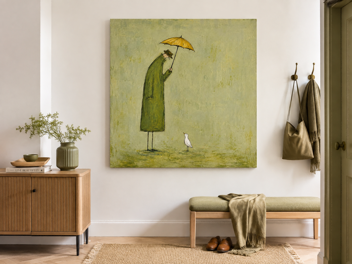 Naive Art Painting Of Man And Bird With Umbrella For Modern Wall Decor