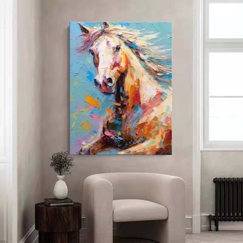 Vibrant Color Horse Oil Painting Modern Blue Background Animal Oil Painting Impressionist Horse Wall Art Living Room Decor