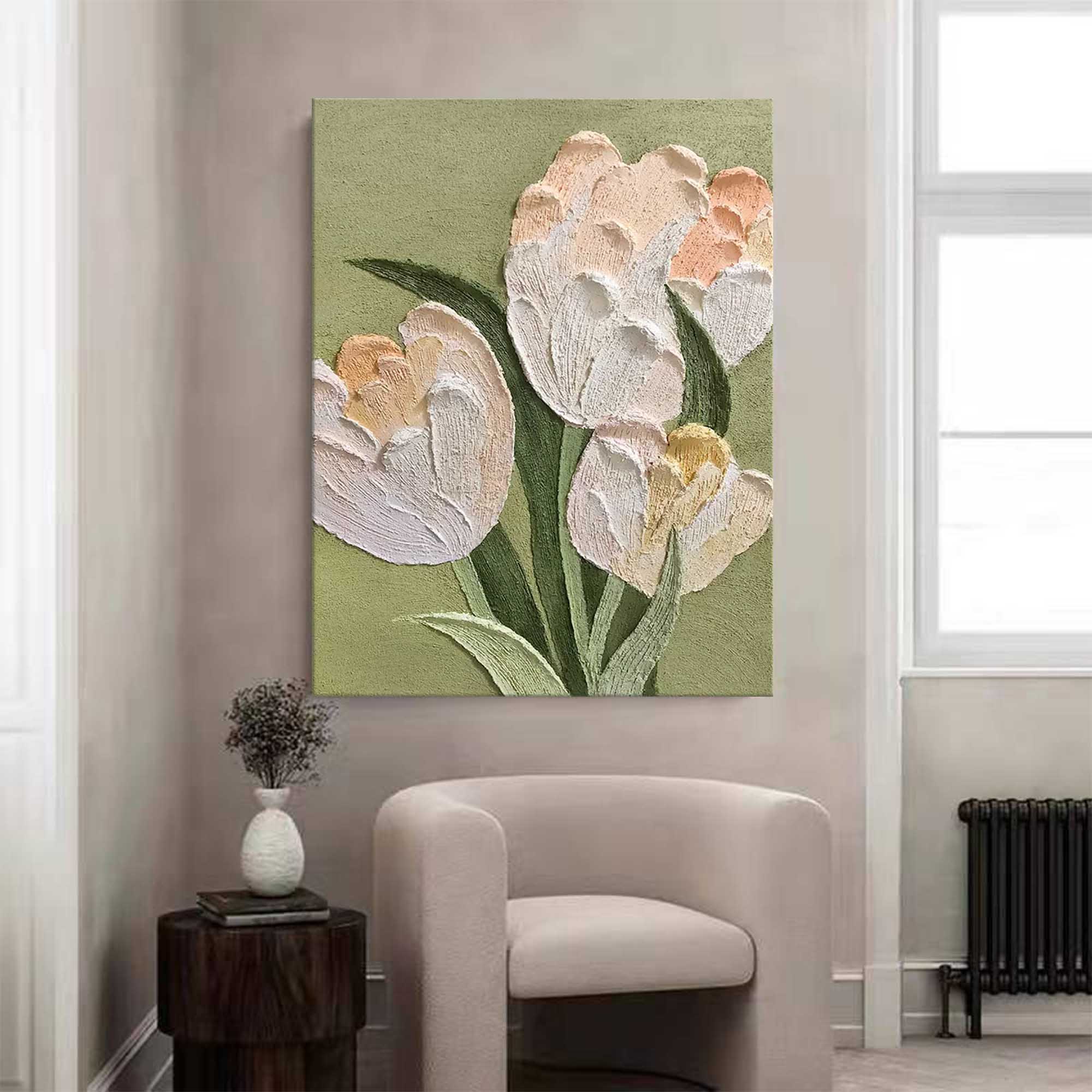 Modern Floral Oil Painting On Canvas Large Green Textured Floral Acrylic Painting Original Flower Wall Art Home Decor