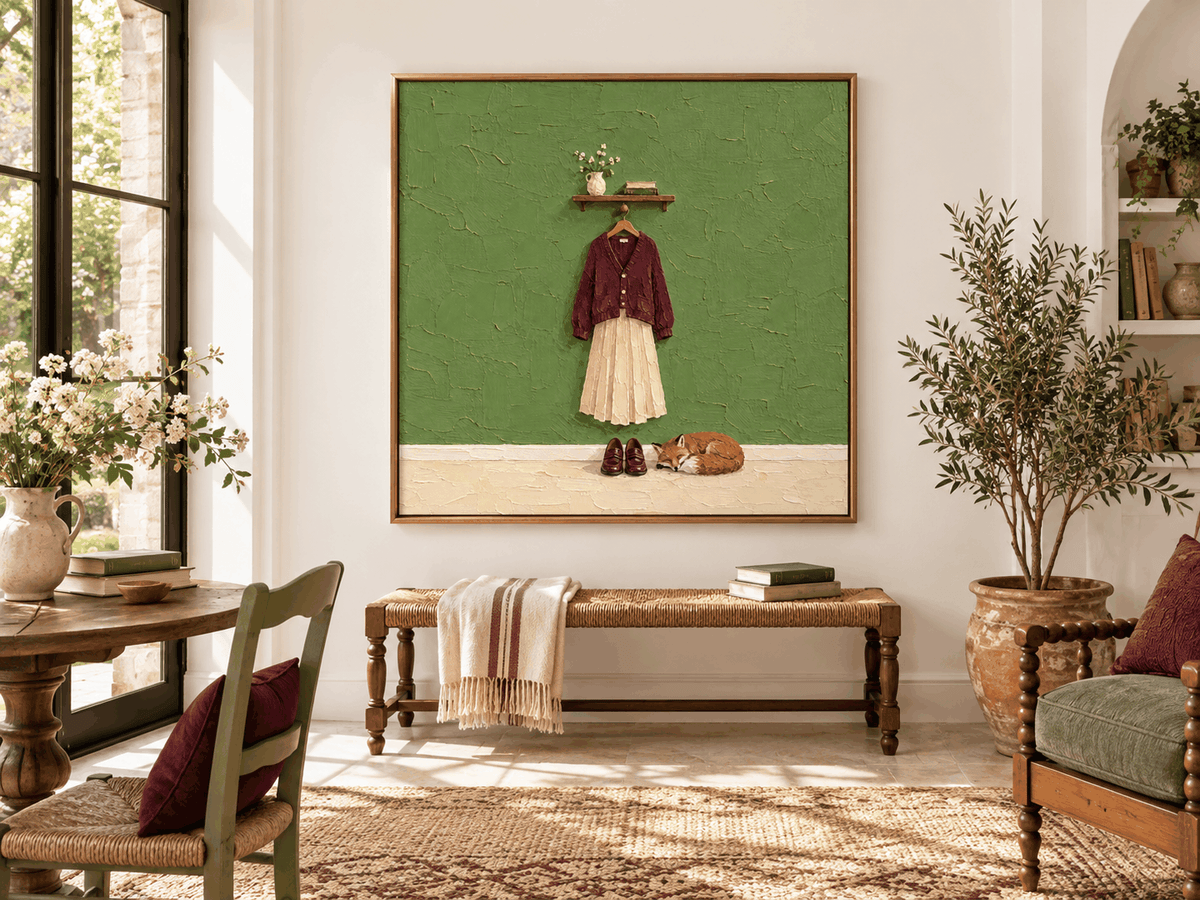 Sleeping Fox And Burgundy Cardigan Hand-Painted Canvas Art With Green Textured Background