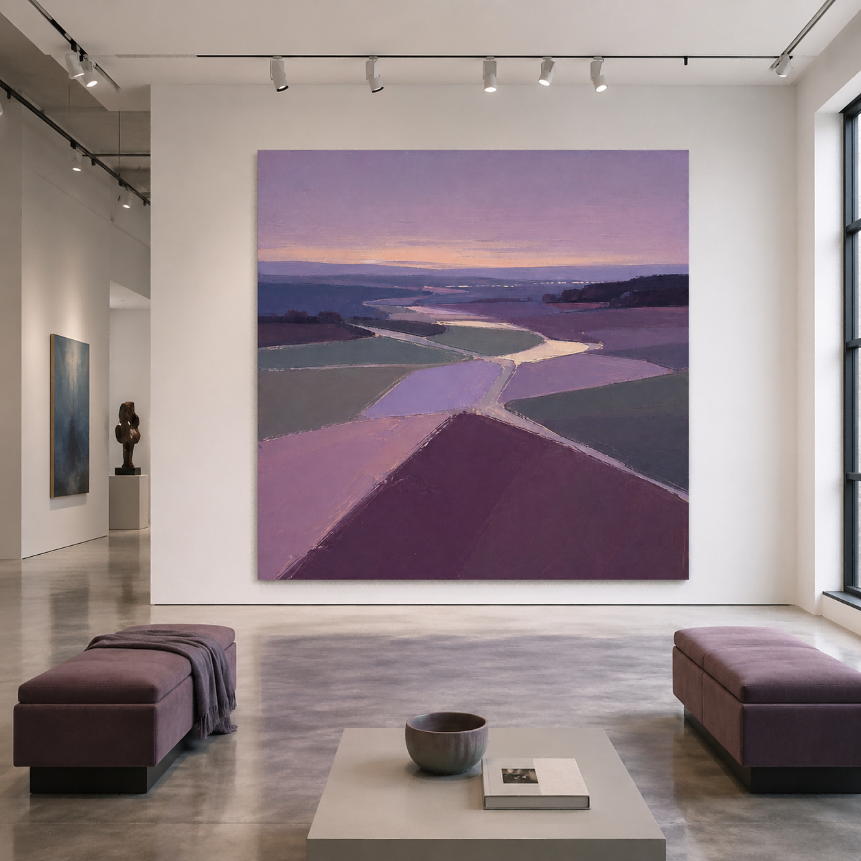 Serene Twilight Purple Field Painting Abstract Geometric Art With Deep Spatial Perspective