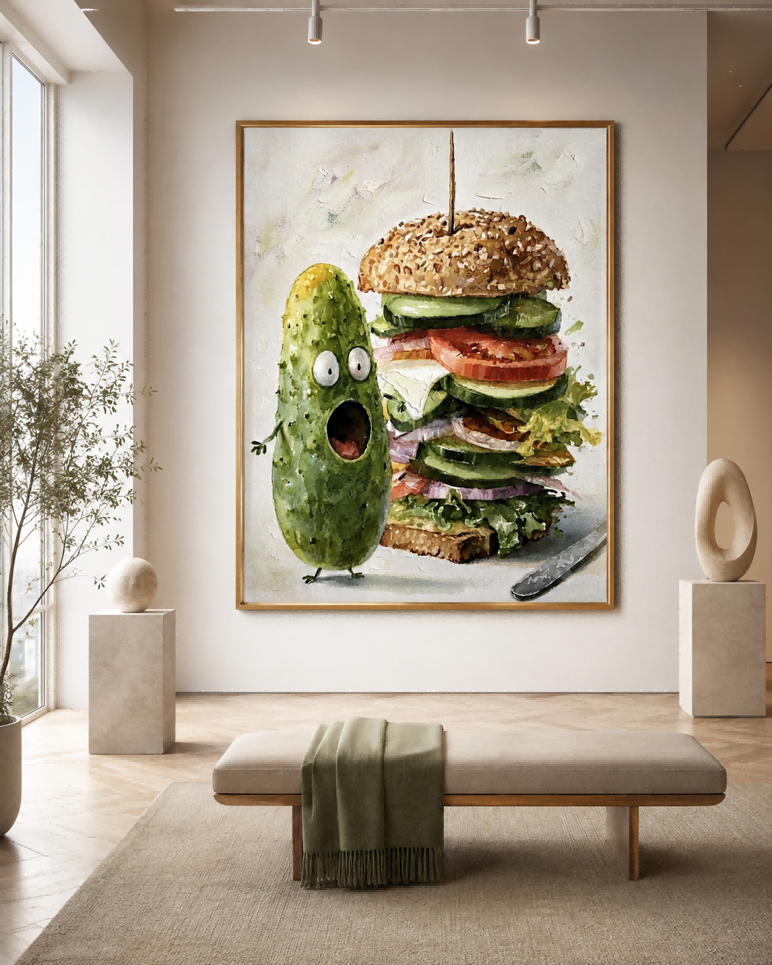 Whimsical Pickle And Sandwich Food Art For Modern Kitchen Wall Decor