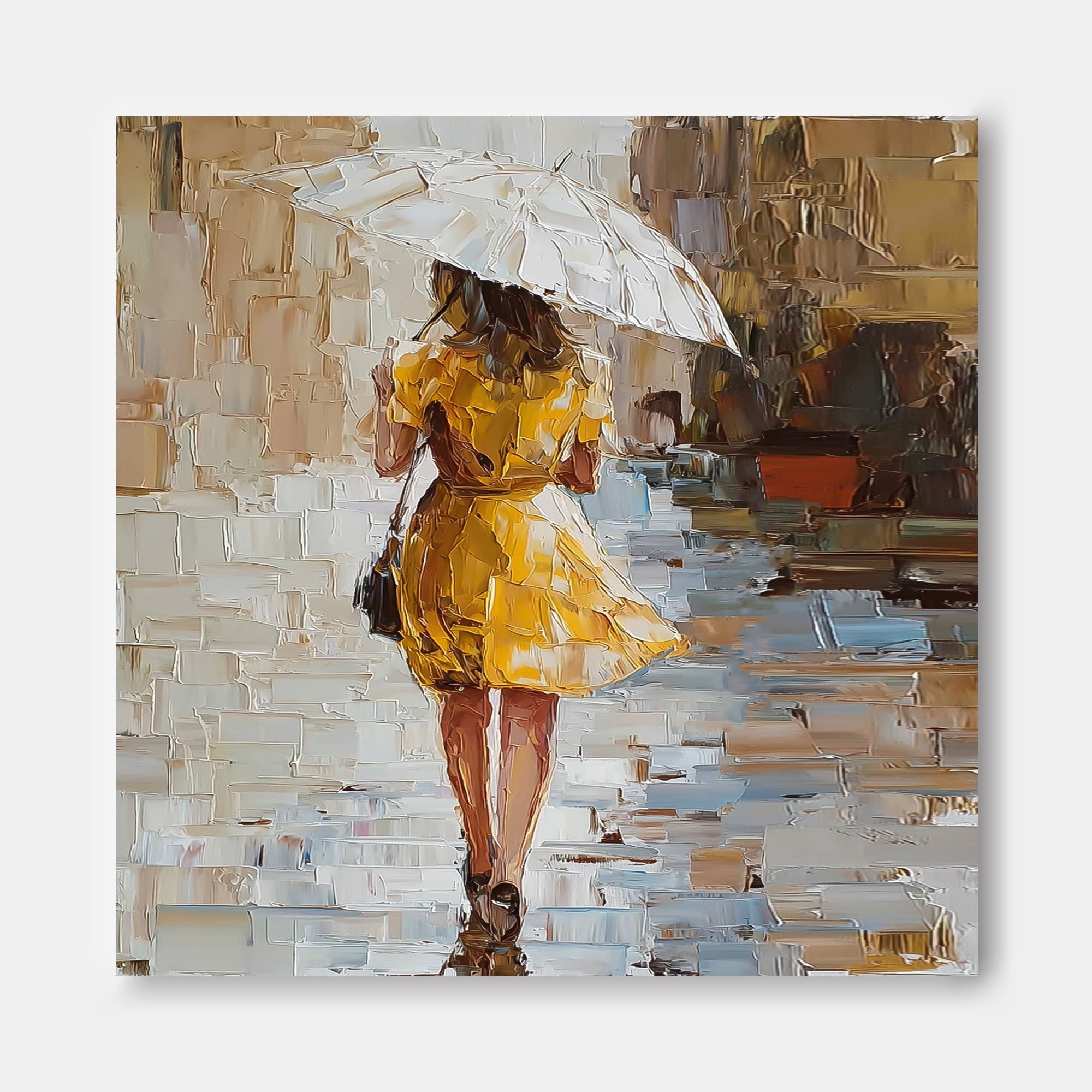 Modern Impressionist Oil Painting Of Woman In Yellow Dress Walking In Rain City Street