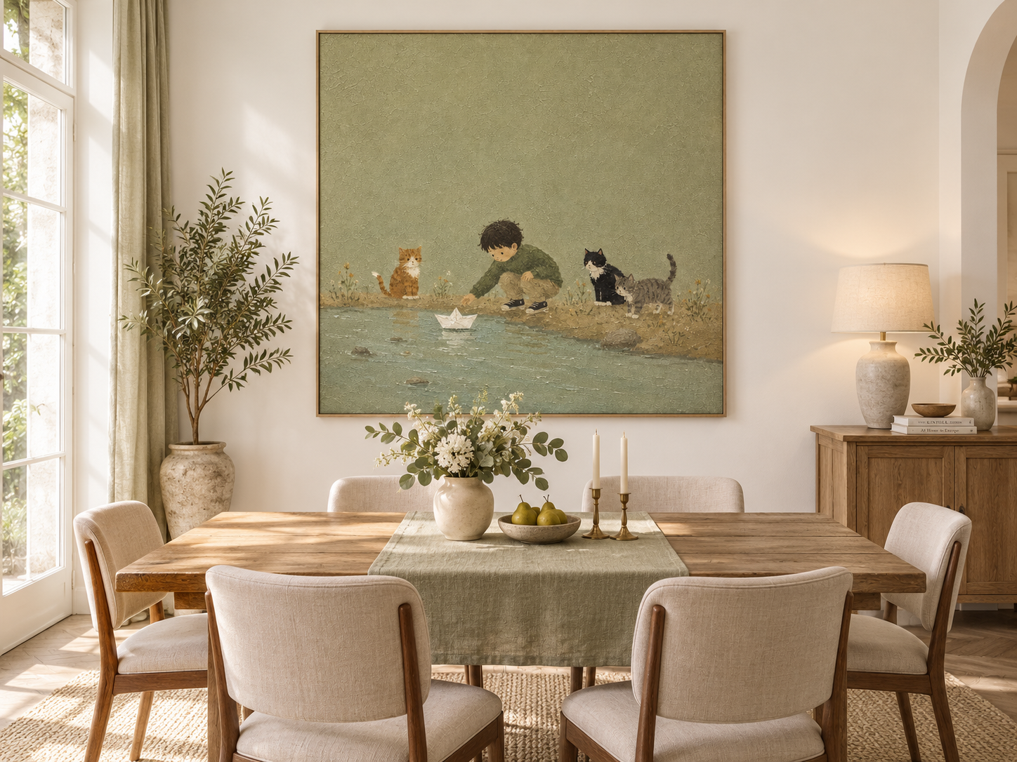 Whimsical Nursery Wall Art With Boy And Cats For Kids Room Modern Abstract Storytelling Canvas Painting With Textured Green