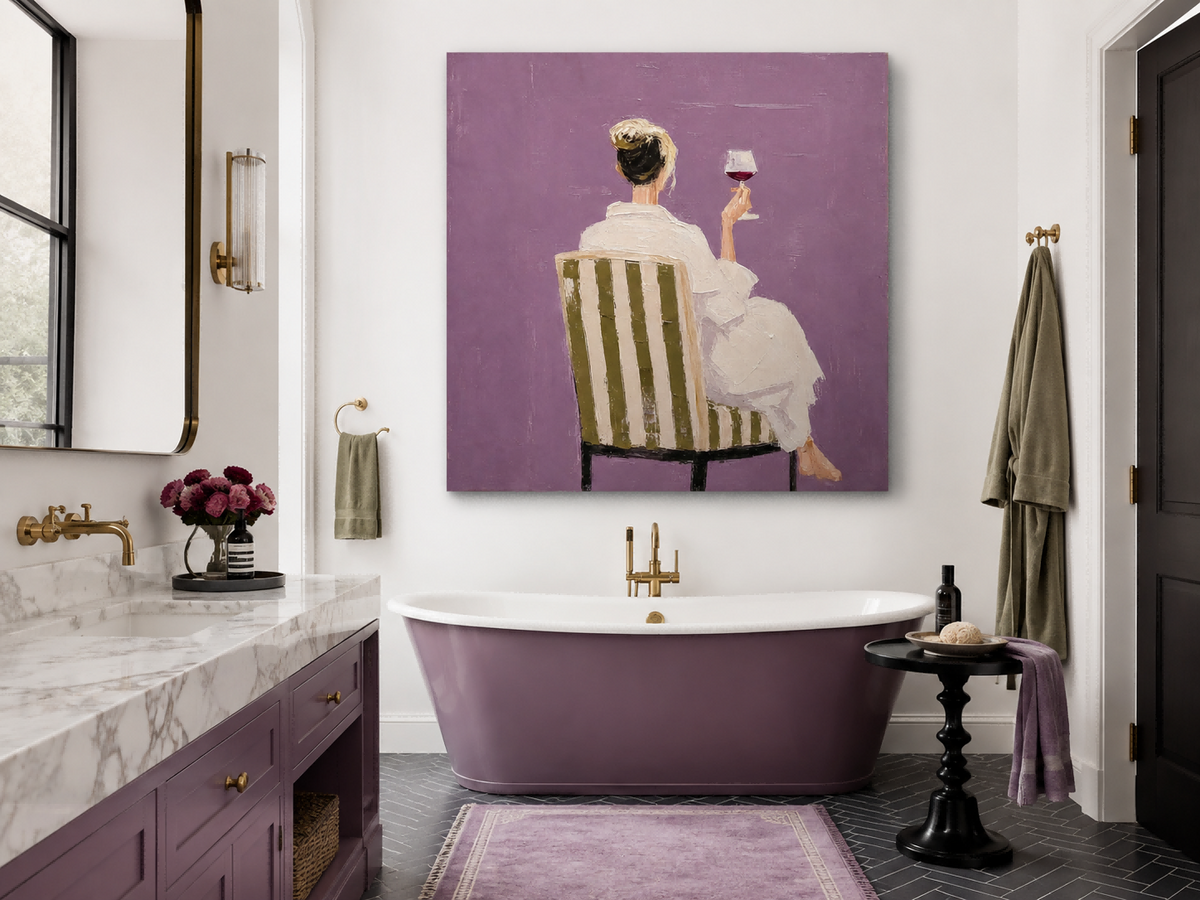Woman With Wine Glass Hand-Painted Canvas Art In Purple And White Modern Living Room Wall Art With Elegant Woman And Striped Chair