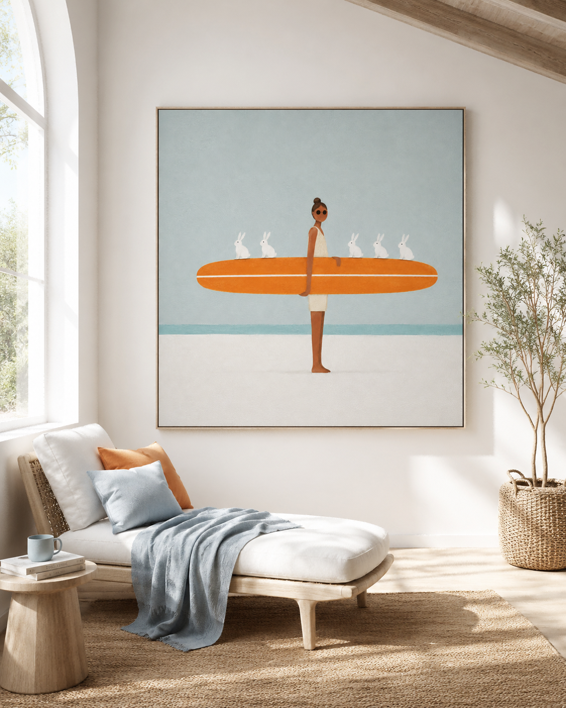 Hand-Painted Surfboard And Bunnies Abstract Canvas Art With Orange Accents