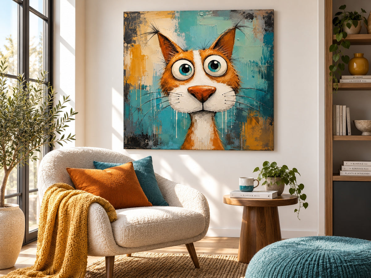Modern Pop Art Cat Painting Abstract Textured Canvas For Home