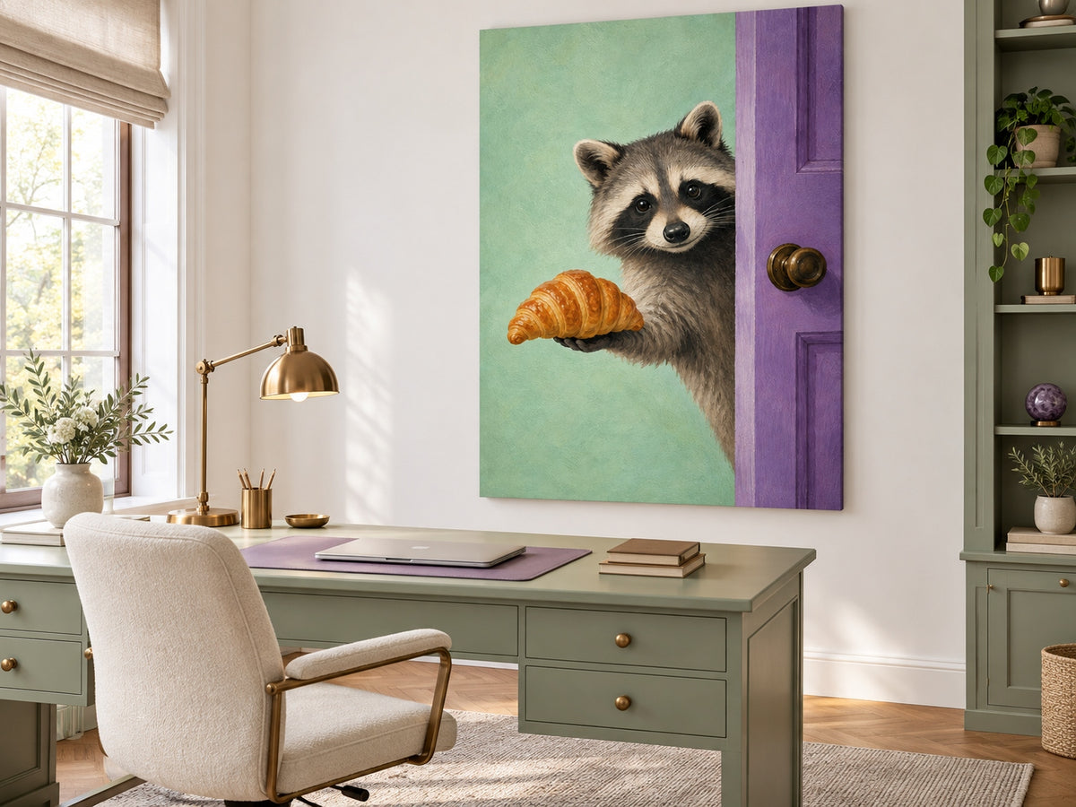Modern Whimsical Raccoon Portrait Oil Painting Mint Green And Violet Tones