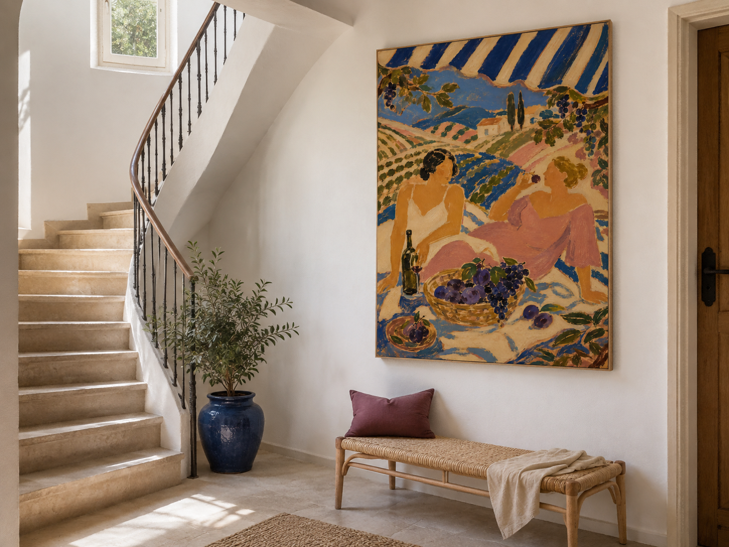 Dreamy Fantasy Art Deco Painting Of Women Relaxing In A Stylized Landscape With Grapes