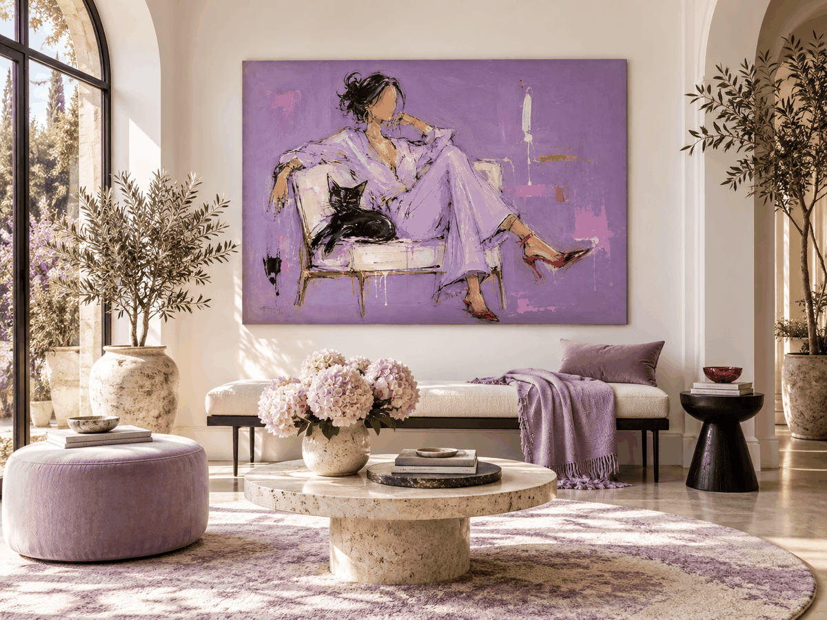 Woman With Black Cat Hand-Painted Canvas Art Abstract Fashion Art With Textured Purple And Red Accents