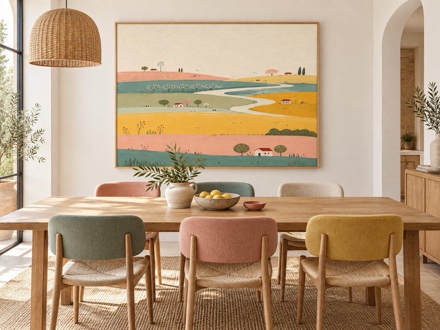 Modern Cream Style Canvas Painting With Whimsical Cottage And Path