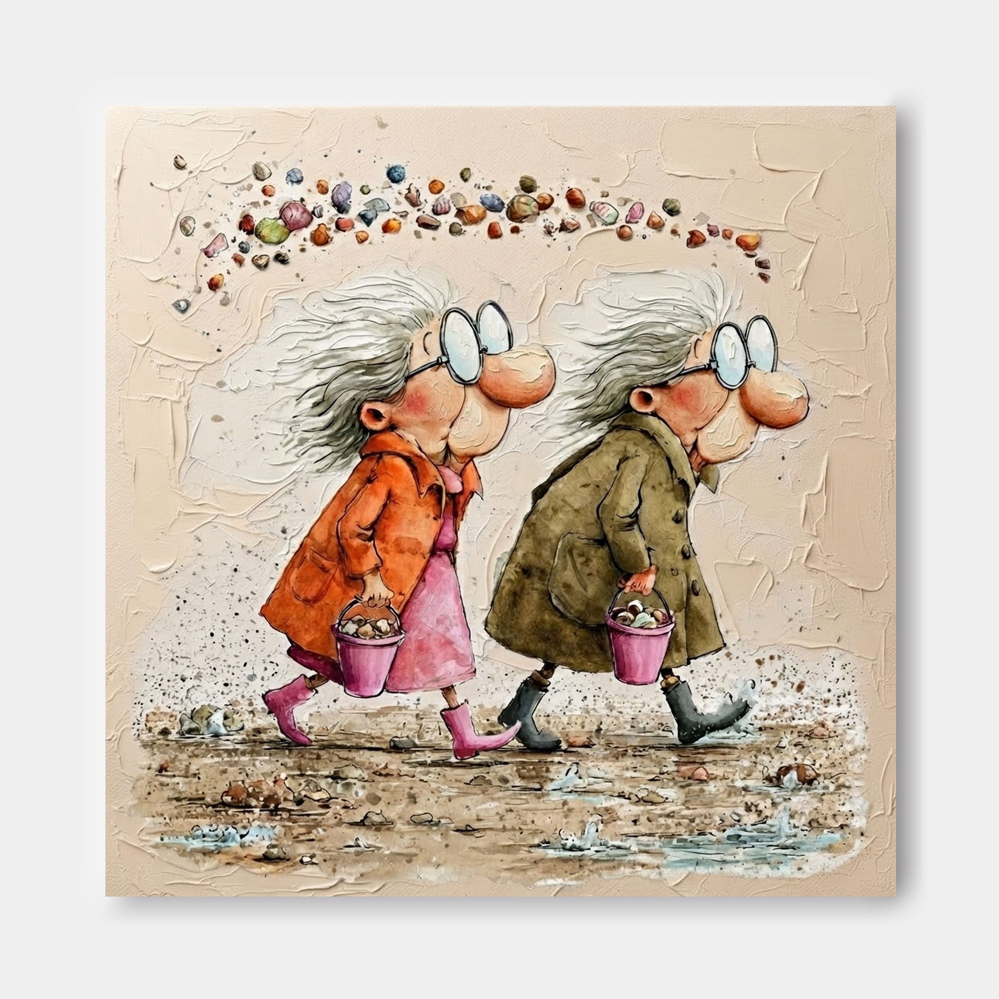 Cute Elderly Sisters Beach Art Square Canvas Painting For Living Room Decor
