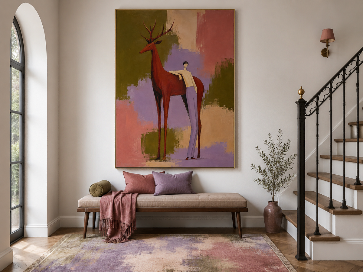 Abstract Man And Red Deer Canvas Painting Hand-Painted Wall Art