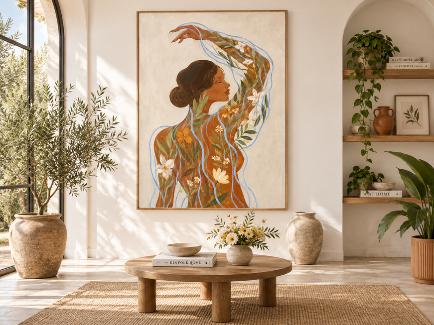 Hand-Painted Abstract Floral Woman Canvas Art With Blue Waves For Modern Home Decor Bohemian Wall Art