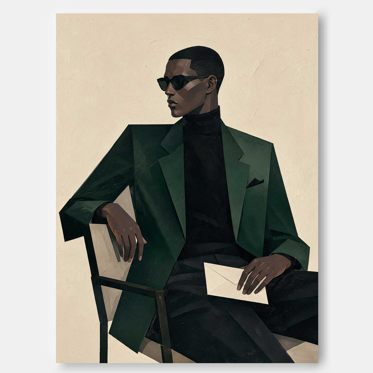 Minimalist Geometric Oil Painting Of A Man In Sunglasses And Suit