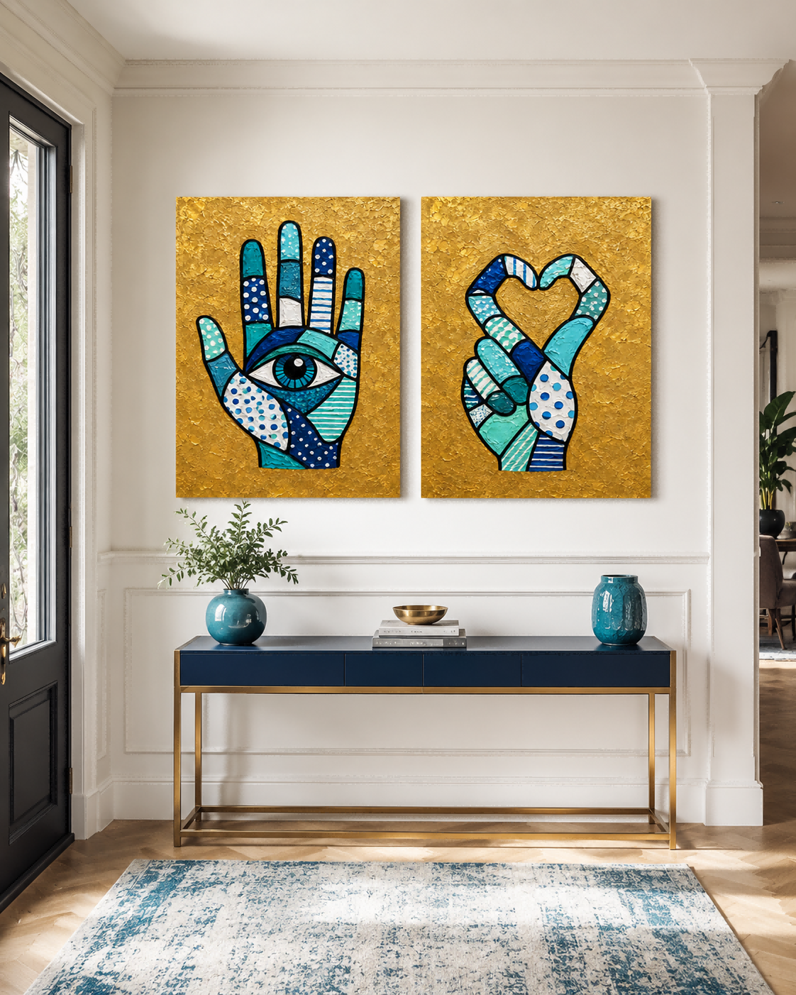 Hand-Painted Hamsa Eye And Heart Canvas Art Set With Gold Background