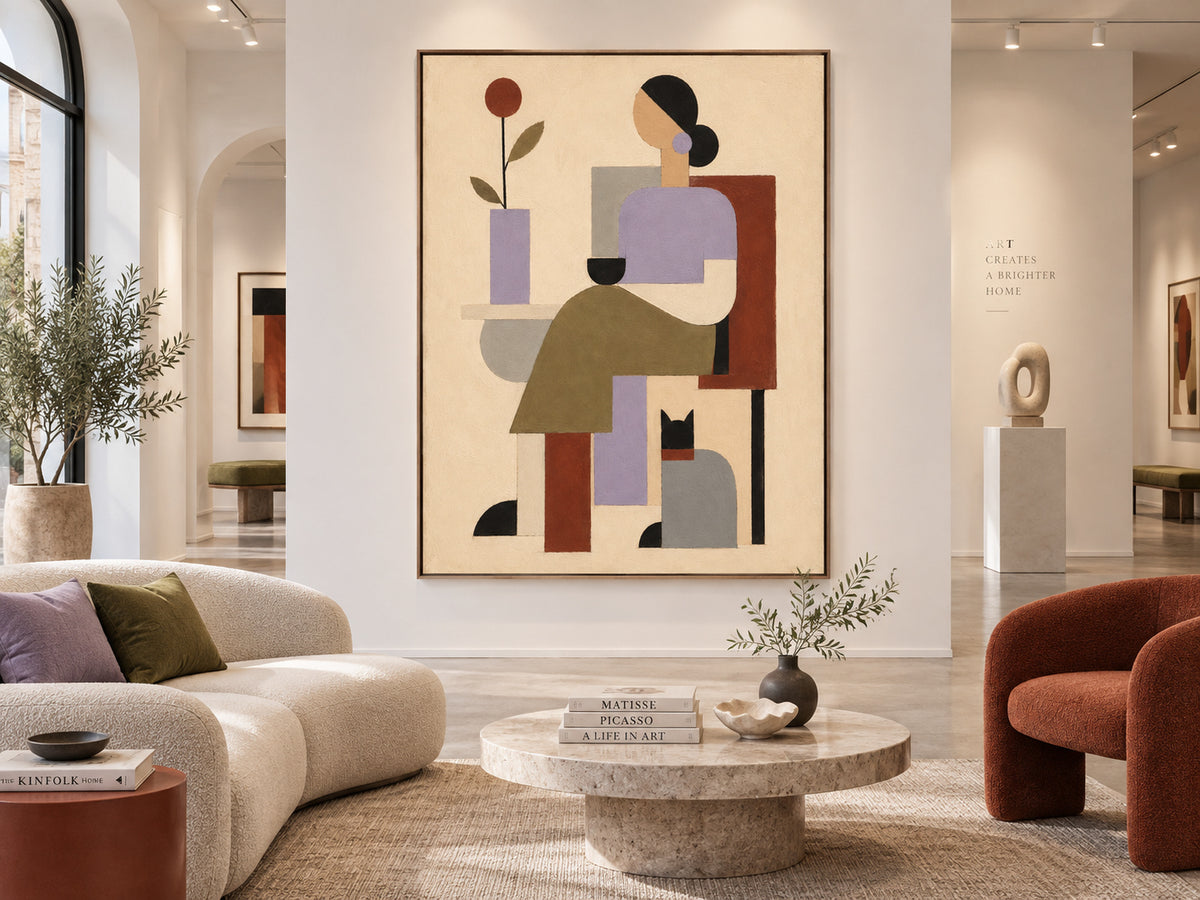 Woman And Cat Geometric Canvas Painting In Morandi Tones