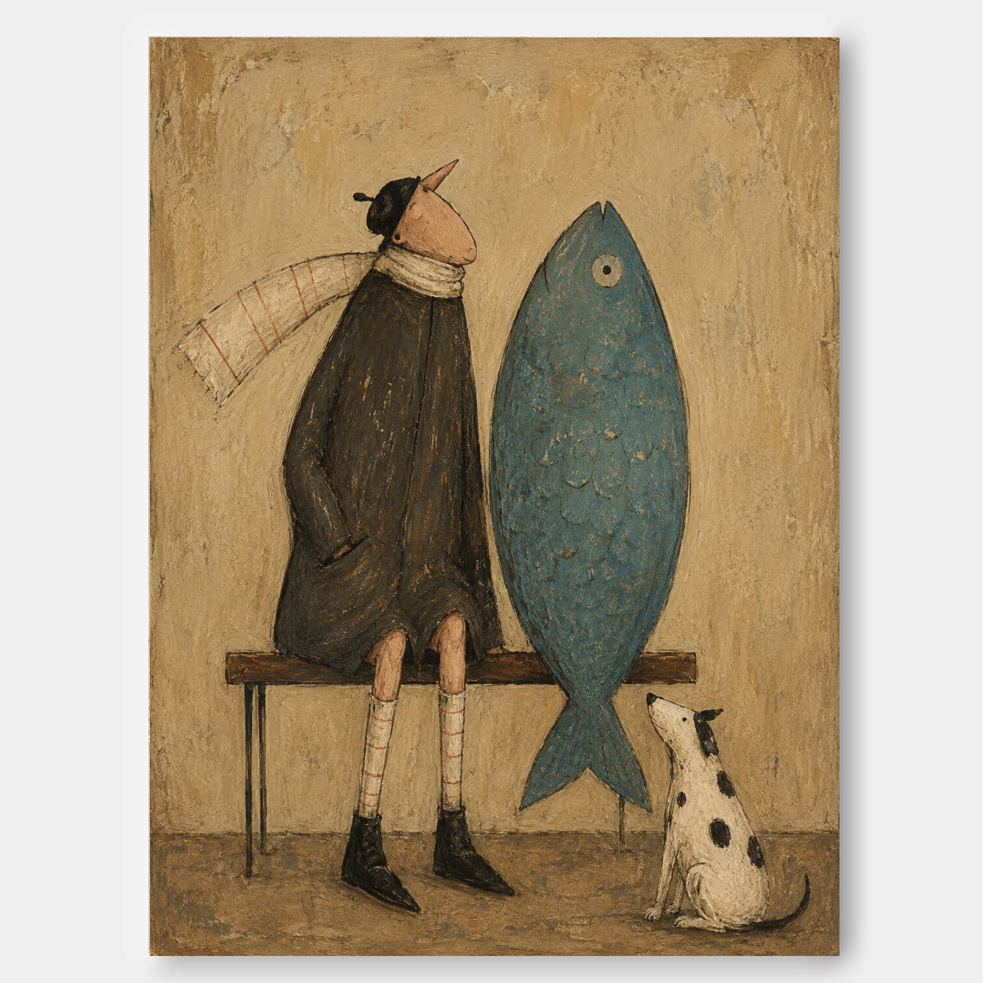 Whimsical Vintage Canvas Painting Of Man And Giant Fish Original Art