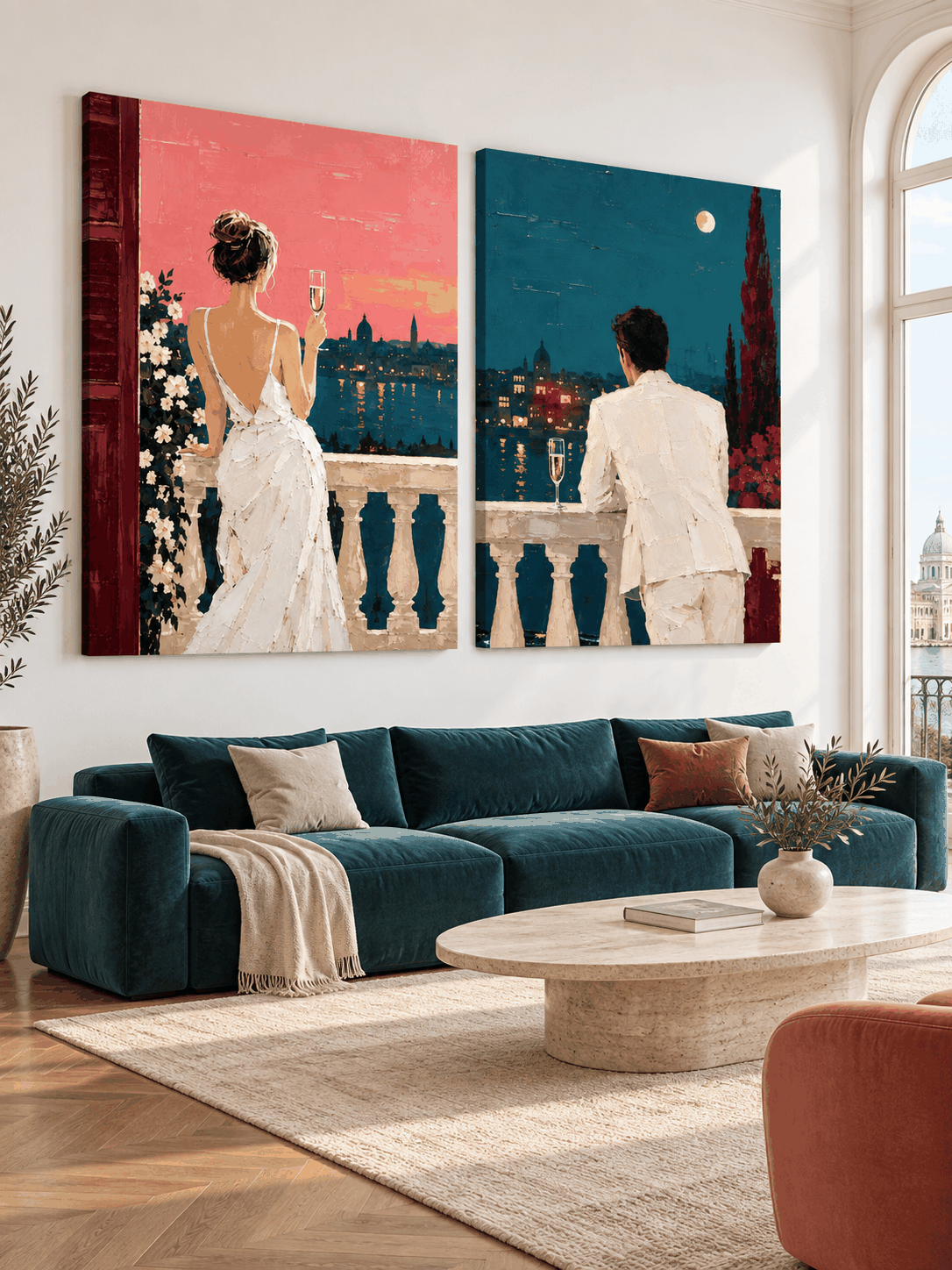 Romantic Couple Cityscape Hand-Painted Canvas Art Set Pink Teal
