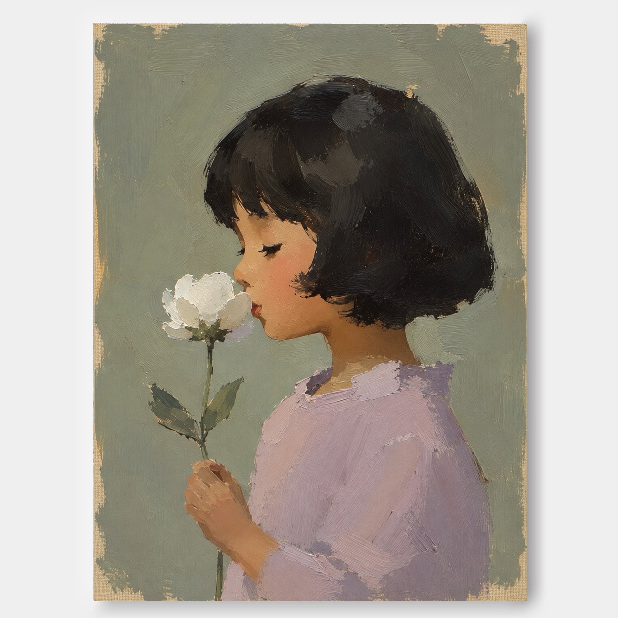 Modern Impasto Style Art Of Girl With Flower In Sage Green Tones