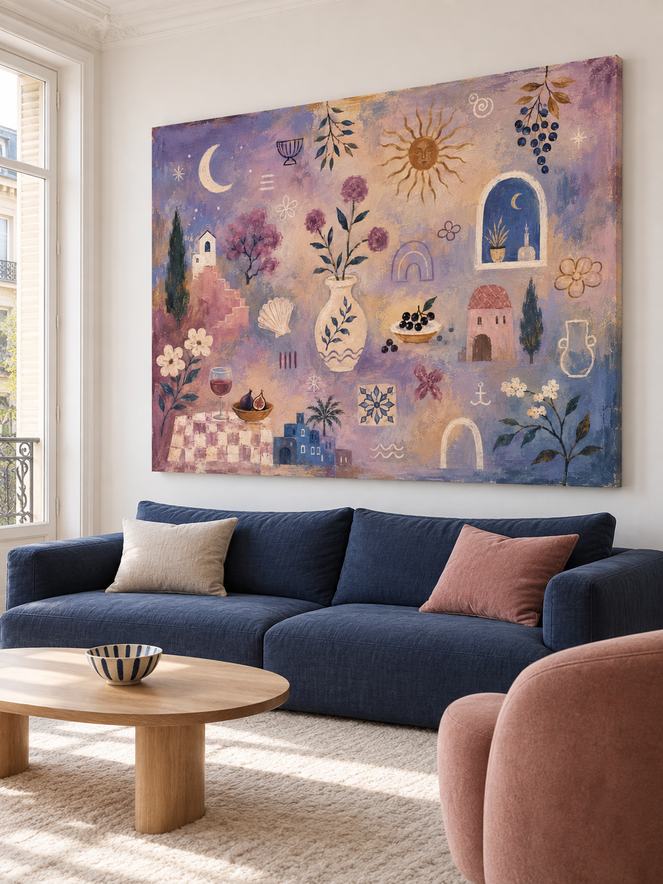 Mediterranean Abstract Canvas Painting With Sun Moon And Flowers