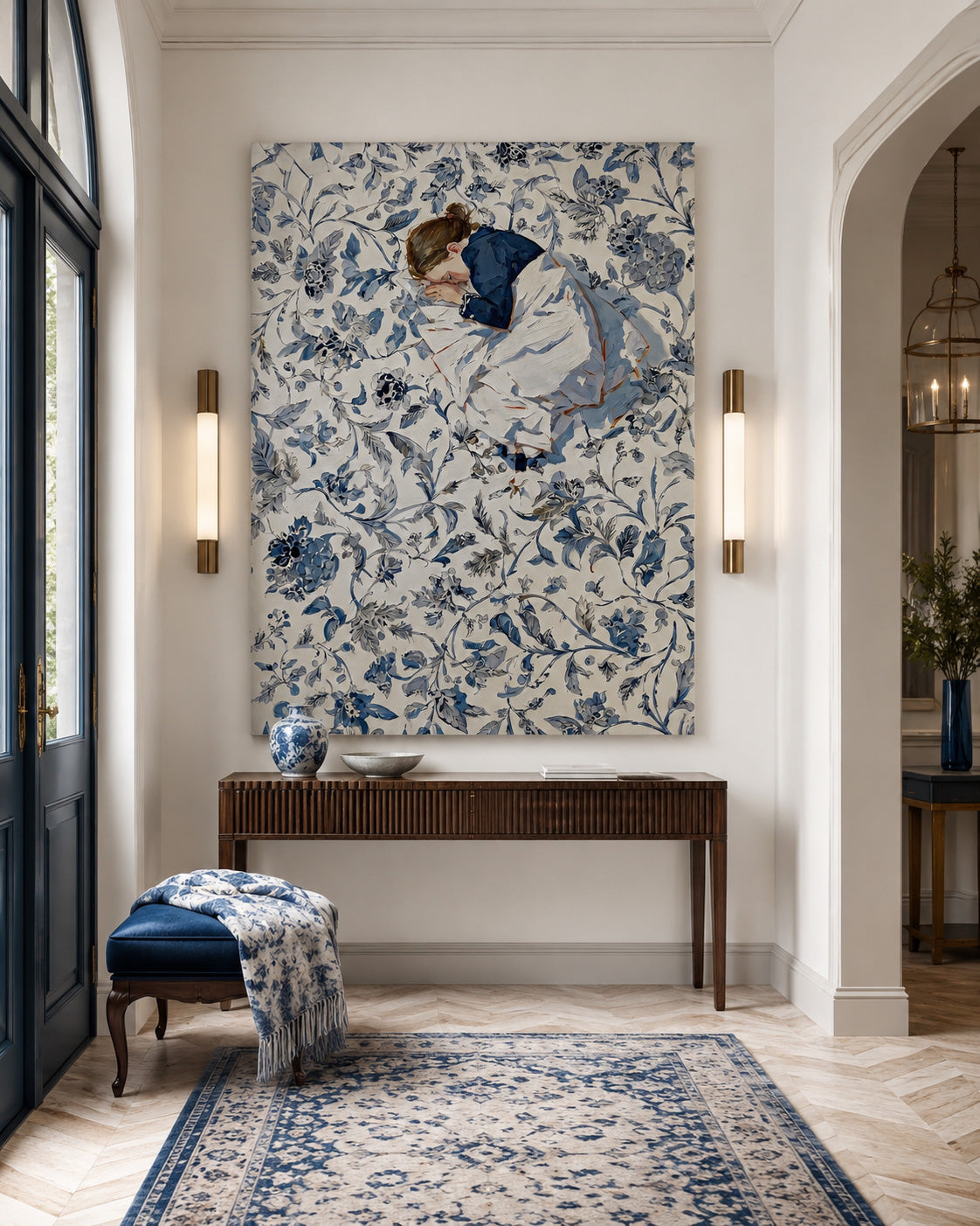Vintage Illustrative Art With Delicate Texture And Blue White Tones