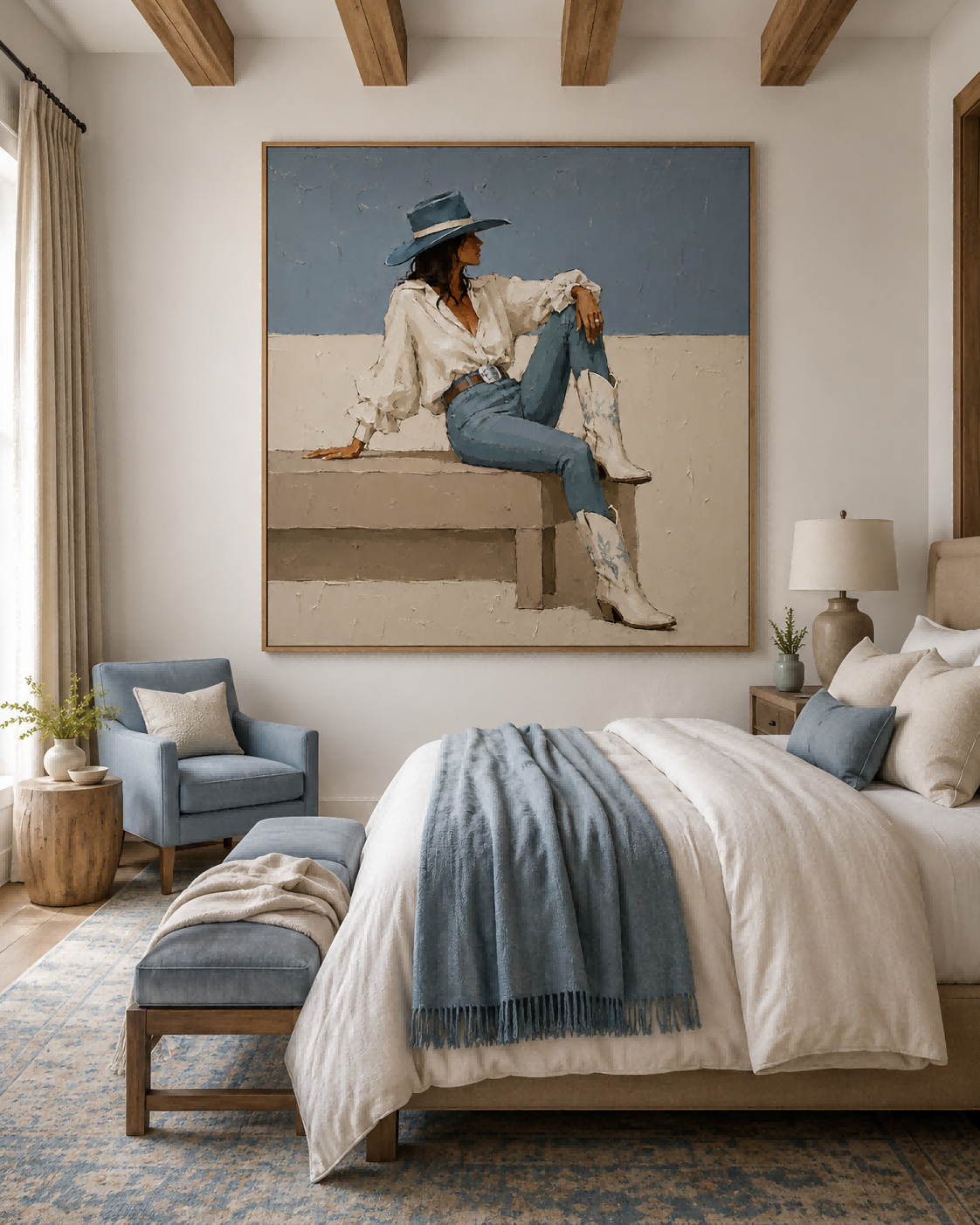Textured Square Canvas Art Featuring Woman In Cowboy Hat And Boots