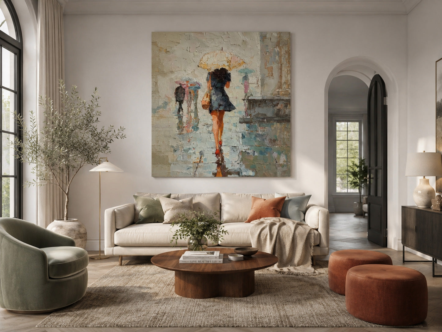 Rainy City Street Oil Painting Of Woman With Umbrella For Modern Home Decor