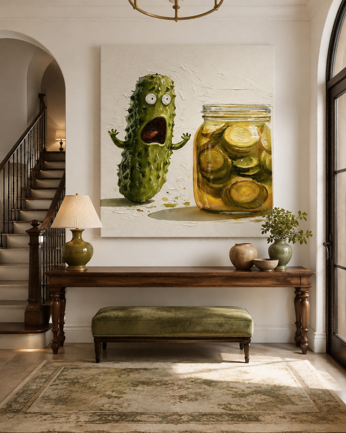 Anthropomorphic Food Art Canvas Print Featuring Scared Cucumber Character