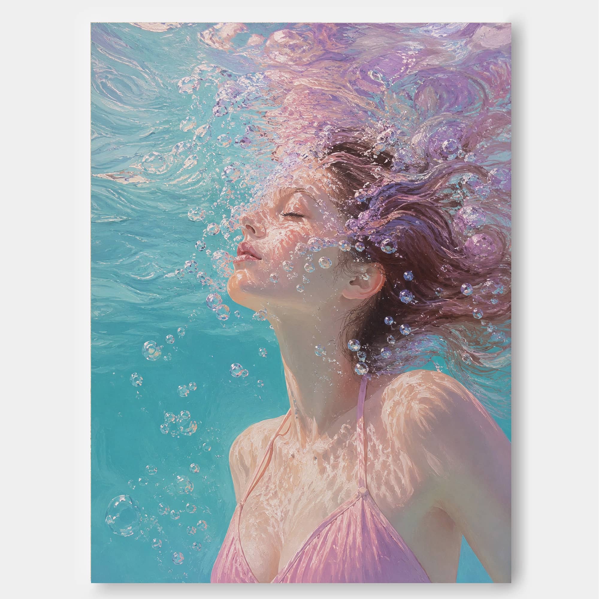 Modern Underwater Woman Painting With Bubbles And Soft Light For Home Decor
