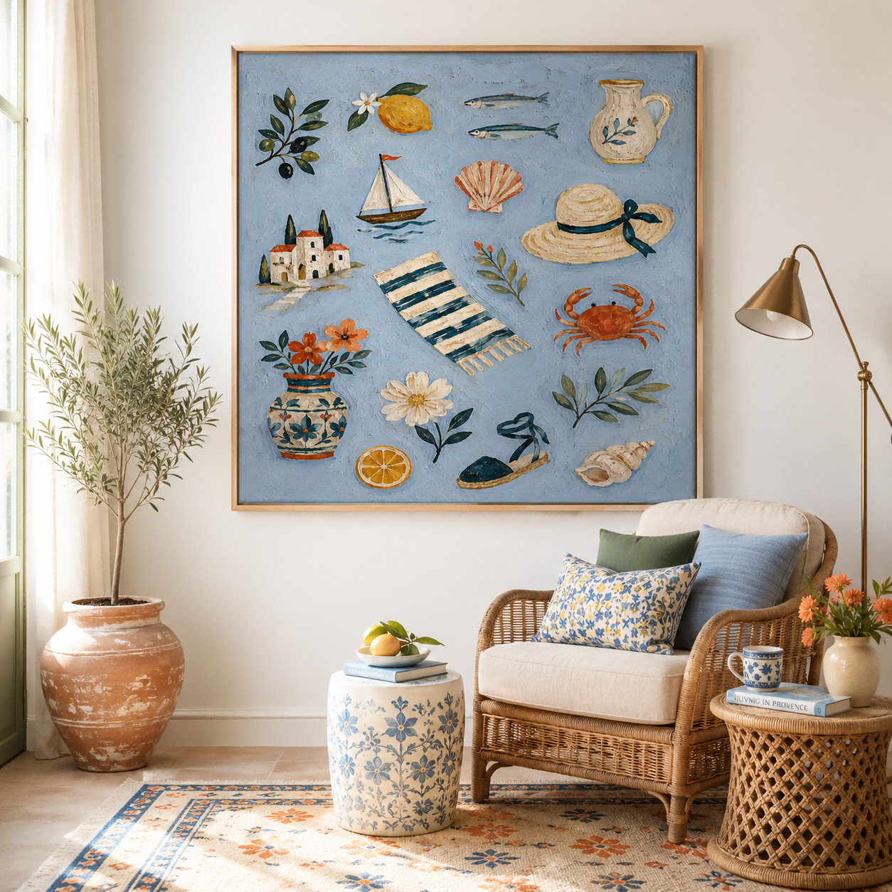 Mediterranean Bohemian Square Oil Painting With Sea Life And Lemons For Living Room Decor