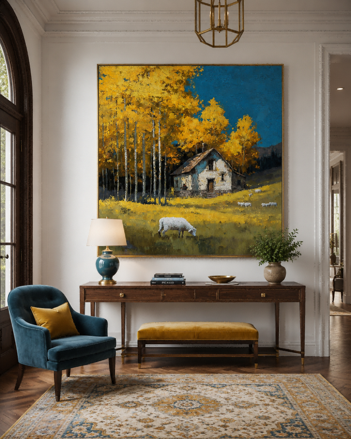 Golden Autumn Farmhouse Painting With Sheep In Field For Living Room Wall Decor