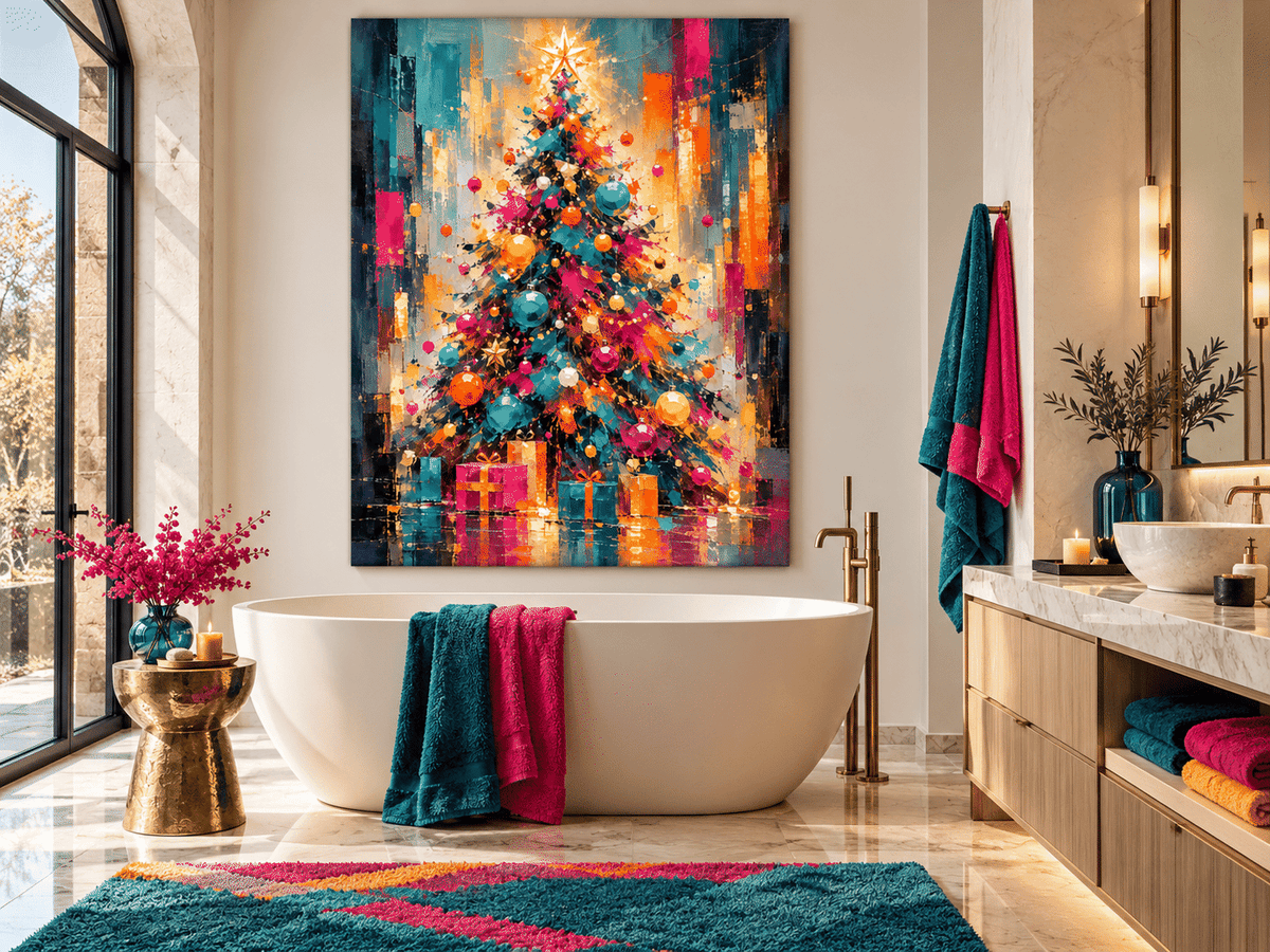 Abstract Christmas Tree Canvas Painting With Gold And Blue Ornaments Textured Canvas With Vintage Vibes