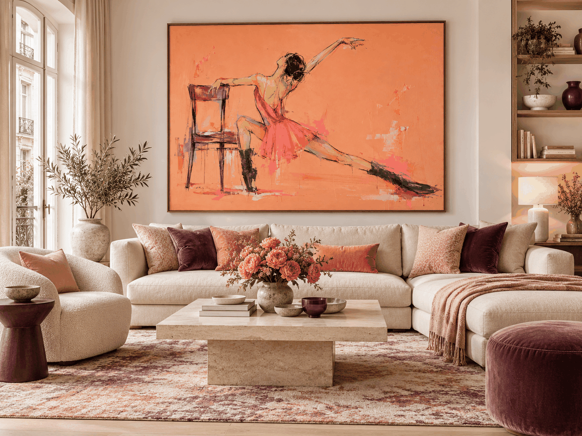 Vintage Modern Textured Art Hand-Painted Abstract Figure In Peach And Black Abstract Dancer Canvas Painting