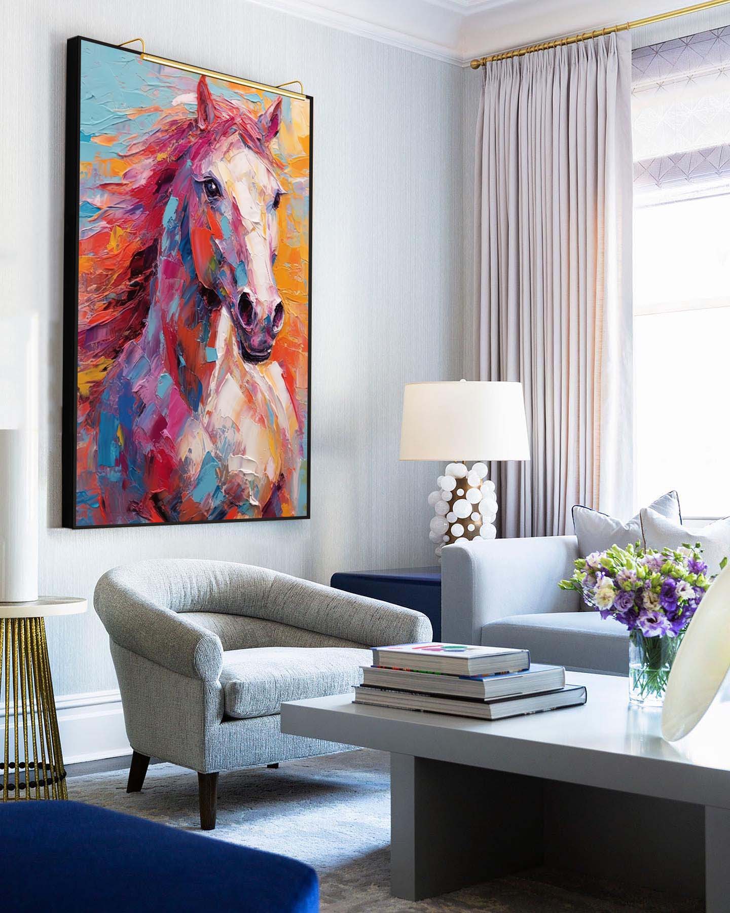 Vibrant Color Horse Oil Painting Modern Texture Animal Oil Painting Impressionist Horse Wall Art Living Room Decor