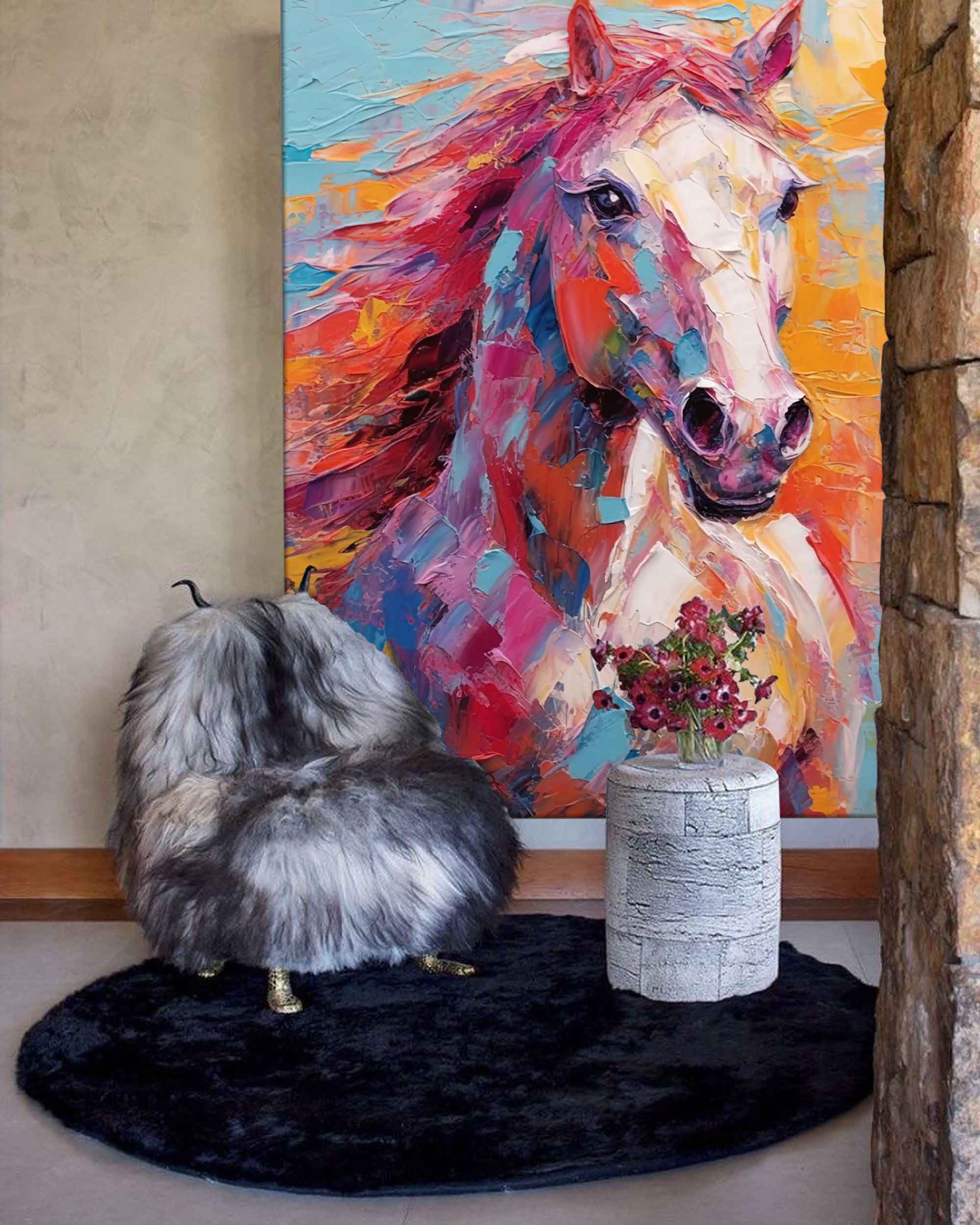 Vibrant Color Horse Oil Painting Modern Texture Animal Oil Painting Impressionist Horse Wall Art Living Room Decor