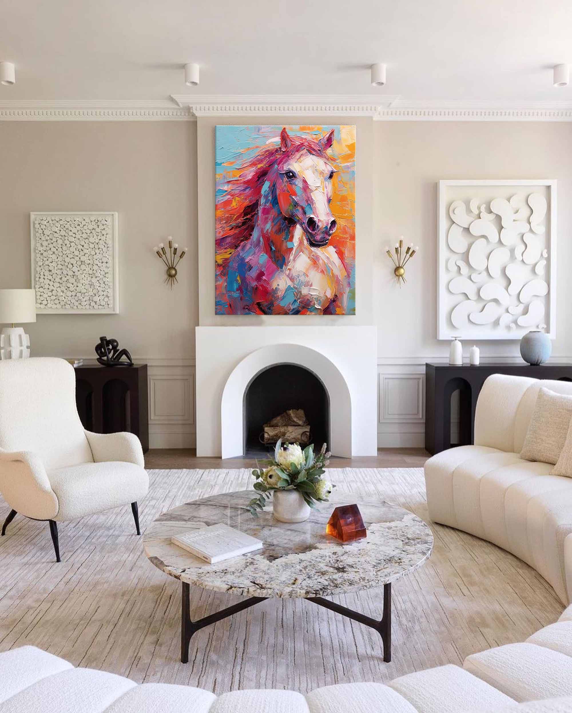 Vibrant Color Horse Oil Painting Modern Texture Animal Oil Painting Impressionist Horse Wall Art Living Room Decor