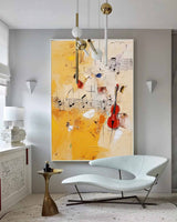 Bright Original Violin Notes Abstract Wall Art Modern Oil Painting Canvas Large Yellow Oil Painting for Home Decor