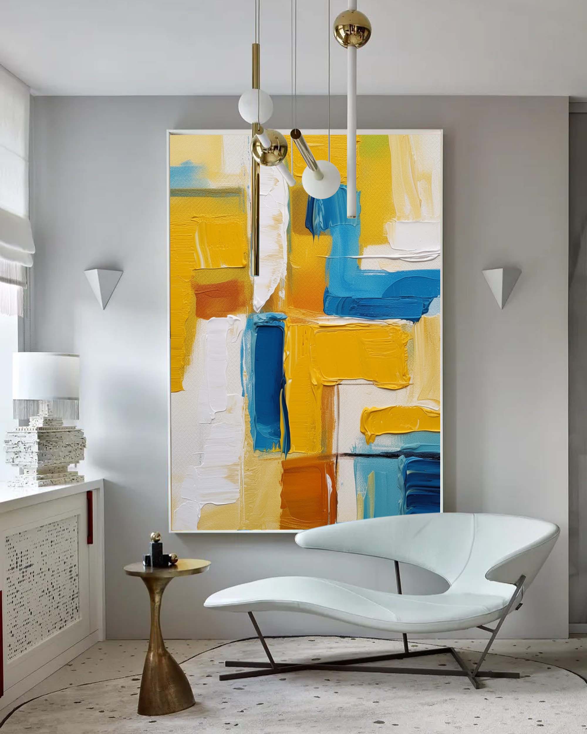 Vibrant Yellow and Blue Acrylic Painting Large Modern Abstract Wall Art Original Geometric Canvas Oil Painting Home Decor