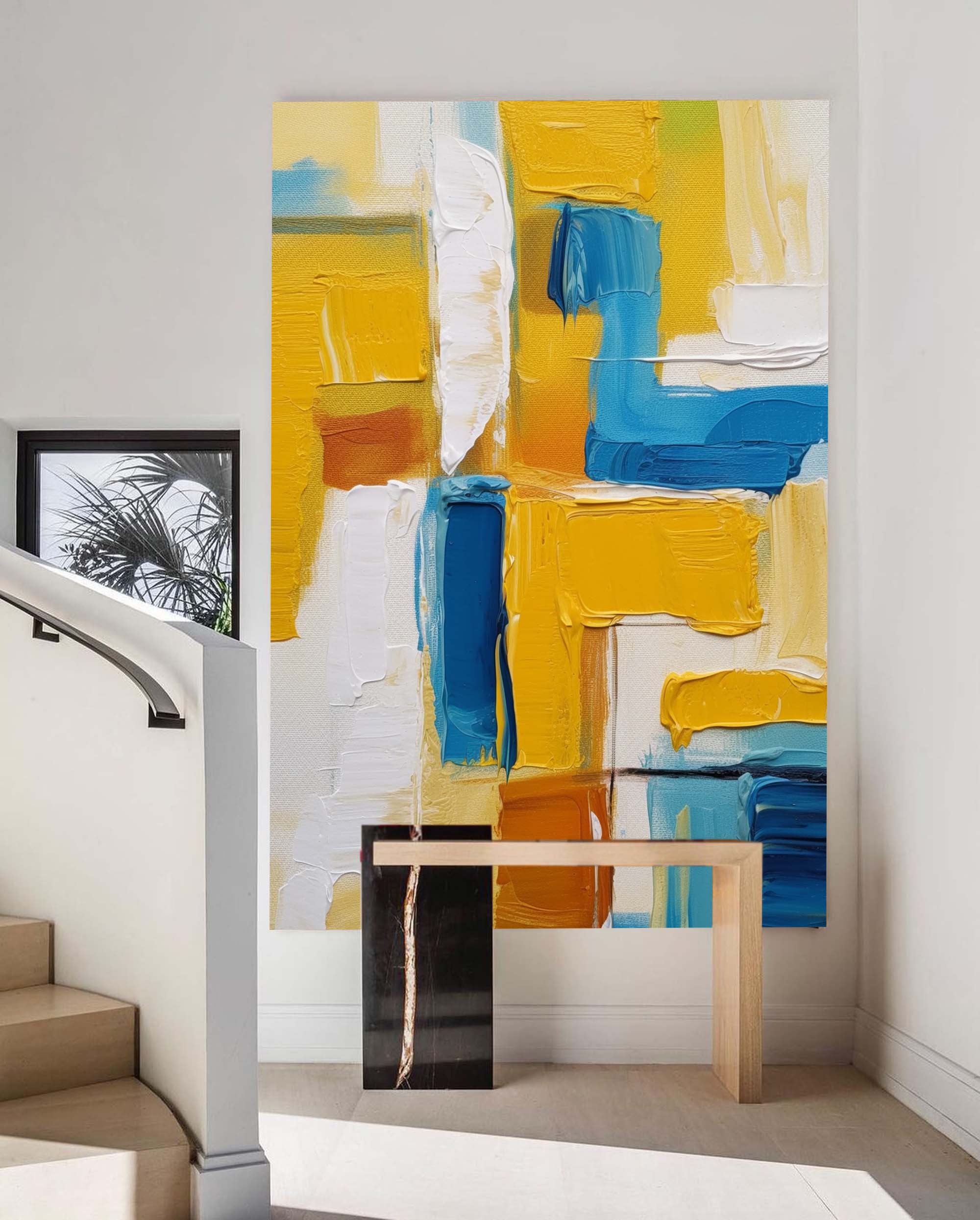 Vibrant Yellow and Blue Acrylic Painting Large Modern Abstract Wall Art Original Geometric Canvas Oil Painting Home Decor