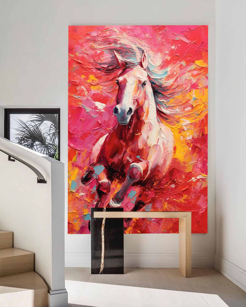 Vibrant Red Horse Oil Painting Modern Red background Texture Animal Oil Painting Impressionist Horse Wall Art Living Room Decor