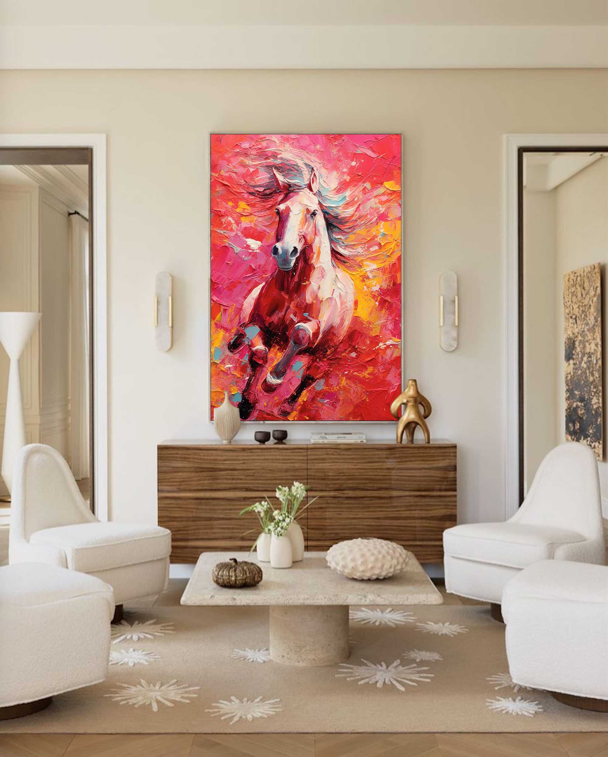 Vibrant Red Horse Oil Painting Modern Red background Texture Animal Oil Painting Impressionist Horse Wall Art Living Room Decor