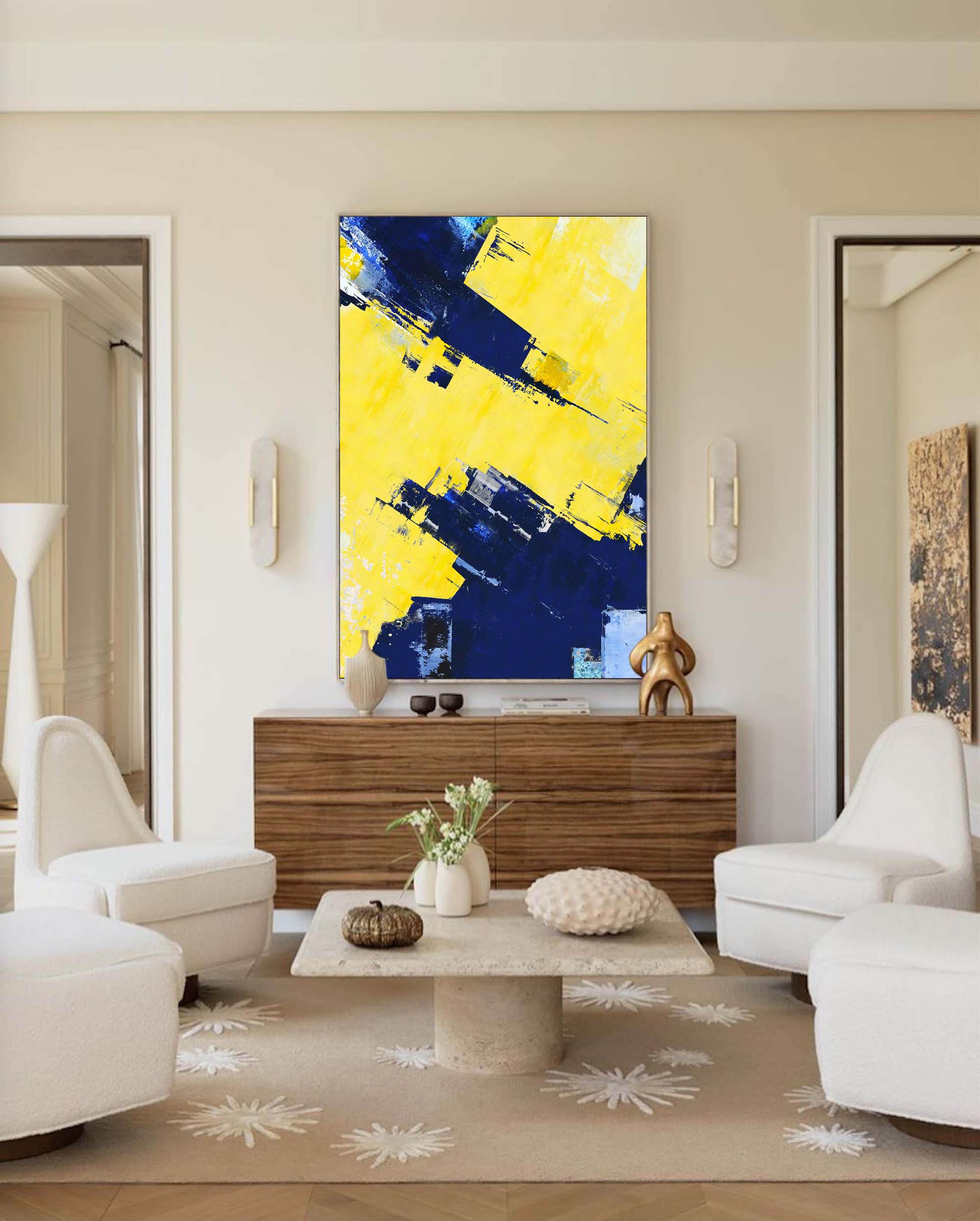 Blue And Yellow Abstract Textured Canvas Oil Painting Modern Acrylic Painting Original Wall Art Home Decor