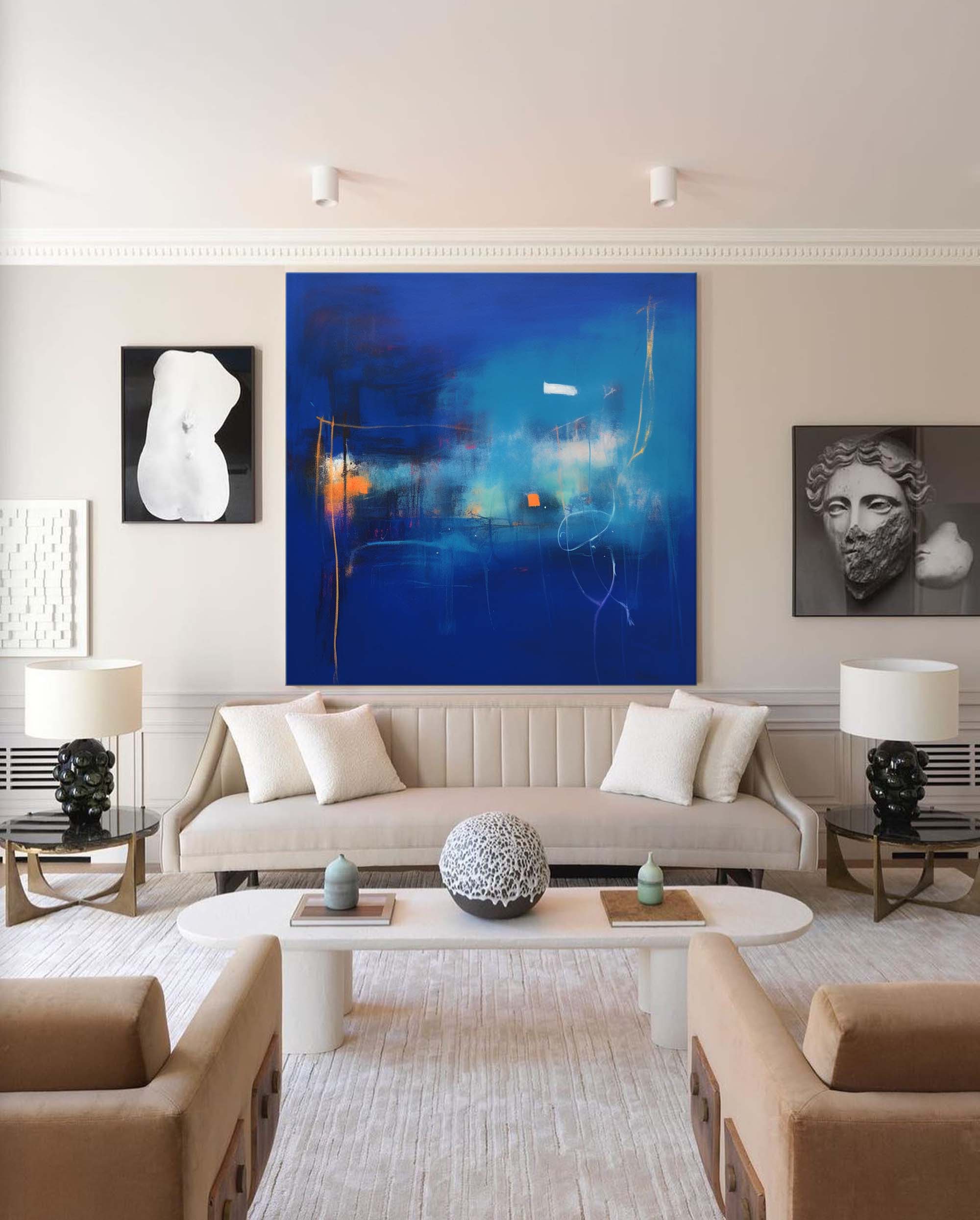 Bright Blue Modern Original Wall Art Large Square Acrylic Painting Abstract Oil Painting For Living Room