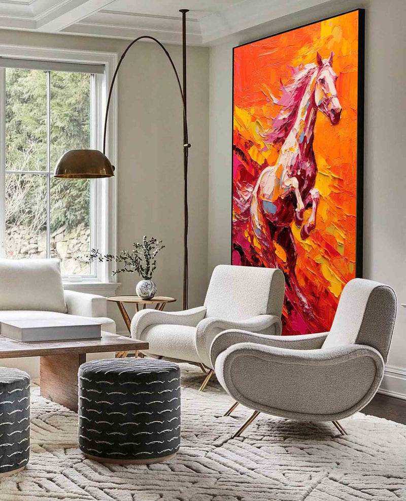 Bright Red Horse Oil Painting Modern Red background Texture Animal Oil Painting Impressionist Horse Wall Art Living Room Decor