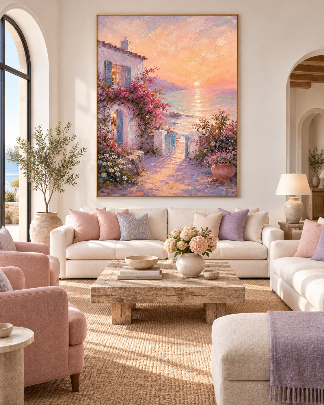 Mediterranean Sunset Cottage Hand-Painted Canvas Art With Pink Flowers
